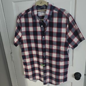 Express Men’s Short-Sleeve Slim Fit Plaid Button-Down Shirt - Navy/White/Red